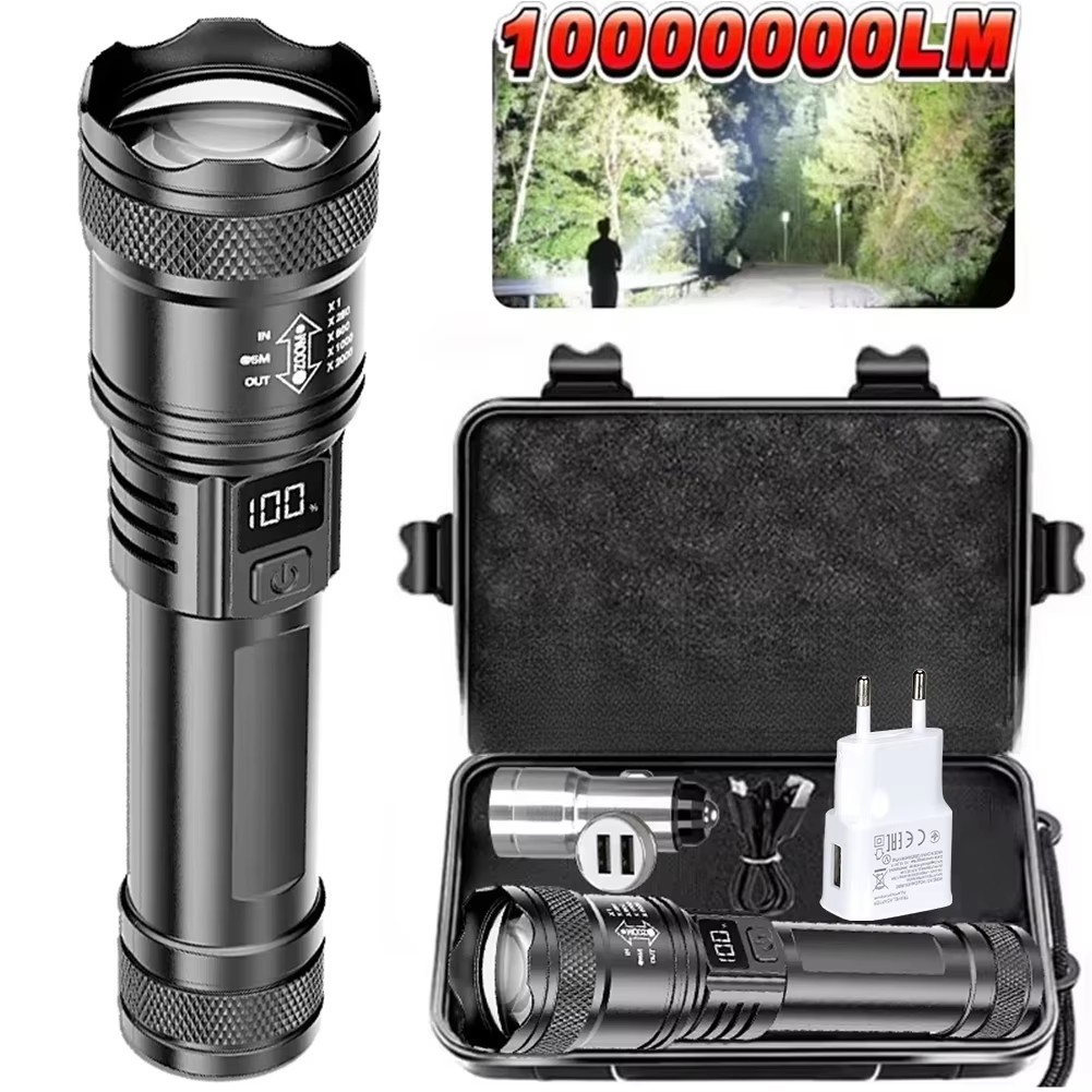 Tactical Flashlight Rechargeable - 100000LM ไฟฉายสว่างเป็นพิเศษ Type-C ไฟฉาย LED แบบชาร์จไฟได้ระยะไกลสำหรับโคมไฟตั้งแคมป์กลางแจ้งกันน้ำ